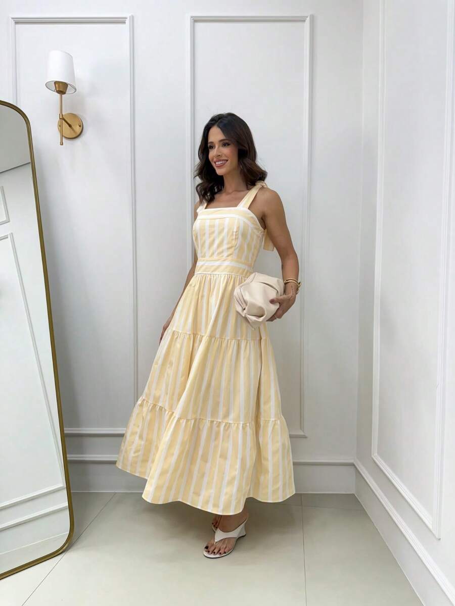 15 Striped All-Over Print Fabric Gathered Hem With Ruffle Wedding Dresses - Champagne - View 1