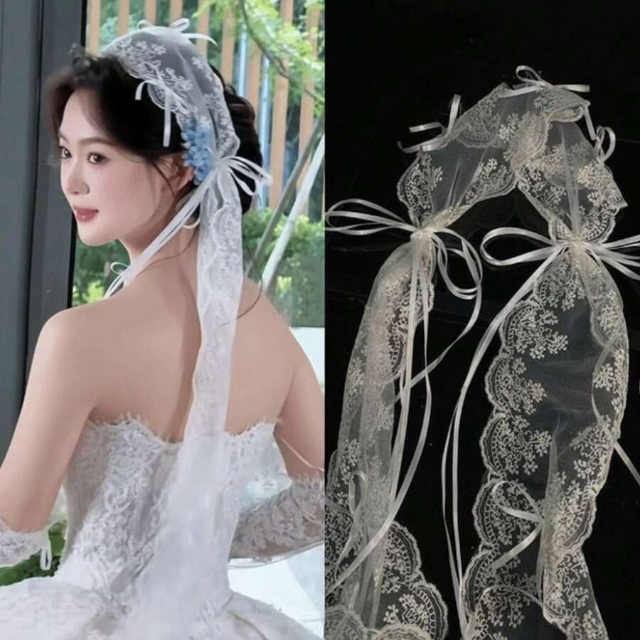 French Bride Lace Bow Long Headband Soft Tulle With Ribbon Bow Romantic Headgear Wedding Props - Multicolor - View 1