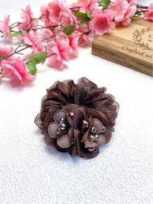 1pc Elegant Pearl Double Flower Hair Scrunchie For Women, High Stretch Oversized Floral Hair Tie Ponytail Holder, Chic Bun Maker Hair Accessories For Daily Hair Styling Travel Gatherings Leisure Commuting Photography, Spring Summer Clothing Matching Scrunchy,Holiday Hair Elastics Hair Rubber Bands Hair Rope Elastic Hair Tie - Multicolor - View 2