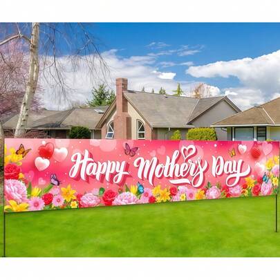 1 لافتة تهنئة عيد الأم، مصنوعة من مادة البوليستر، مزينة بالزهور الوردية والفراشات والقلوب، مناسبة لديكور عيد الأم، ملاحظات شكر بالزهور الوردية، هدايا عيد الأم، أفضل هدايا للأم لديكور الحديقة