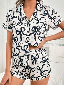 2pcs/Set Women's Short Sleeve Button-Up Collar Top And Shorts Pajama Set, Comfortable Casual Loose Loungewear For Spring, Summer, Autumn, Winter, Bow Knot Design, Simple Basic Style (Random Print), Stretchy, Suitable For Home And Outings - White - View 3