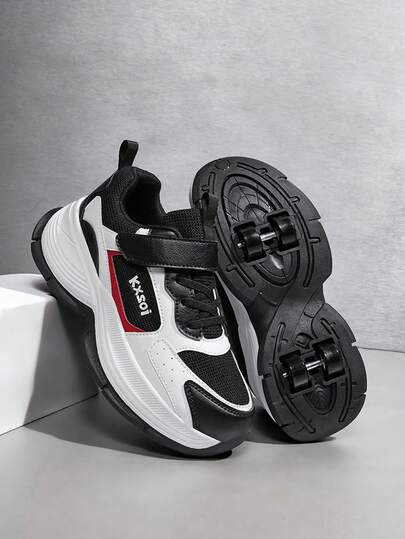 1 par de zapatos deportivos con ruedas desmontables de puntera redonda y parte superior baja para adolescentes, diseño de parche transpirable de tela con suela gruesa, versátiles y esenciales para estudiantes de moda en el campus