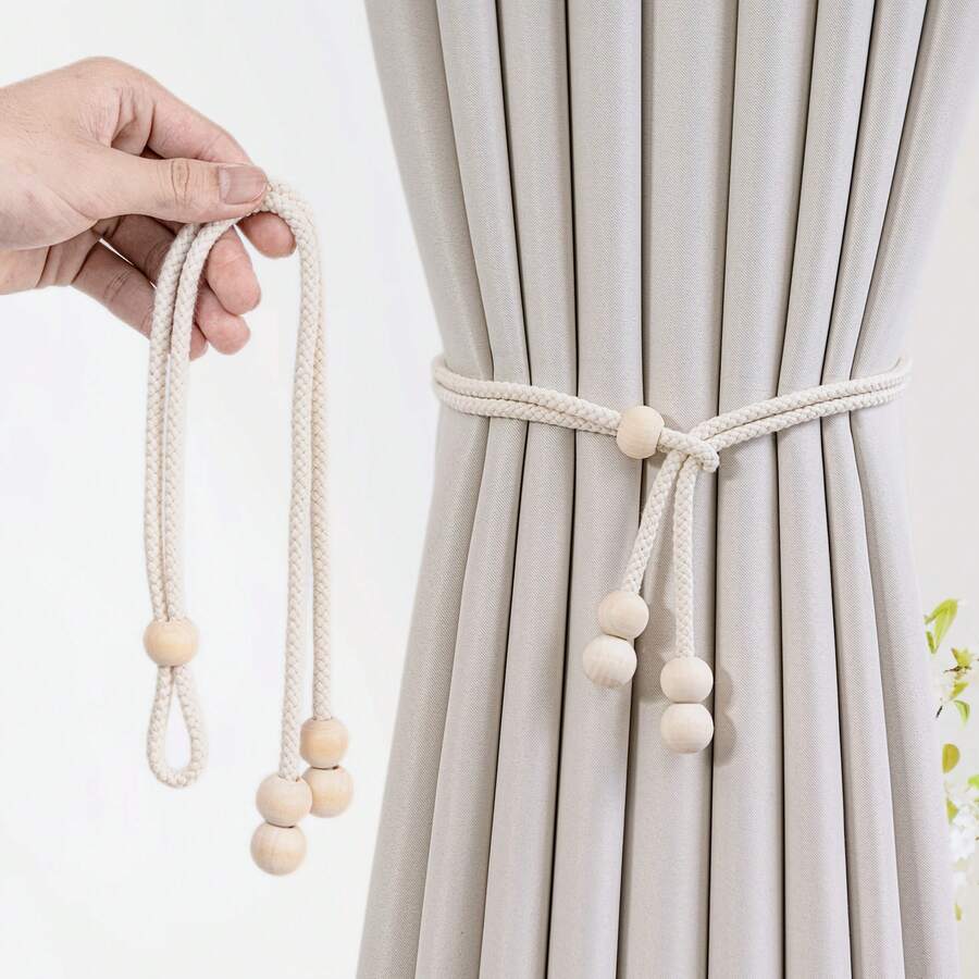 1pc/2pcs Bohemian Style Window Curtain Tie Back Rope, Wood Bead And Tassel Curtain Tie, Home Decor For Living Room, Bedroom, Kitchen - Small Wooden Beads - View 1