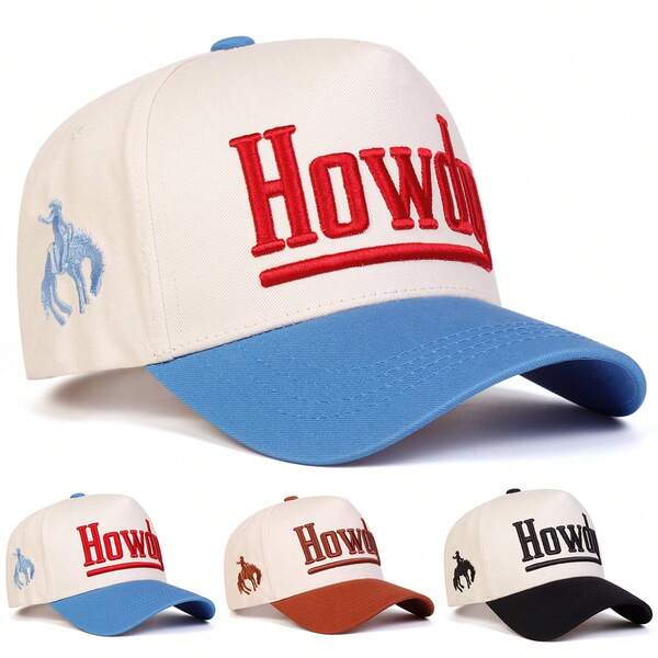 Women HOWDY Letter Embroidered Patchwork Five-Sided Baseball Cap Outdoor Adjustable Sunscreen Leisure Hat Spring Autumn Travel Tourism Beach Vacation