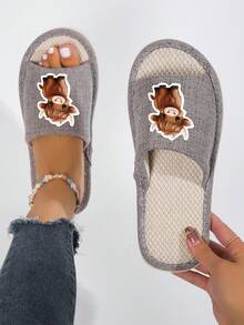 女士室内卡通奶牛露趾拖鞋 - 灰色 - 查看 4