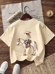 Tween Girls' Casual Funny Print Crew Neck Short Sleeve T-Shirt, Summer Top - Apricot - View 5