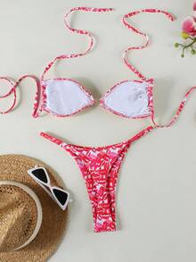 Women's Summer Beach Lip Print Halter Tie Sexy Date Party Bikini Swimsuit Set - Multicolor - View 3