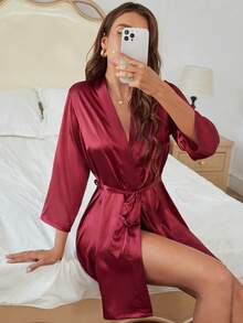 Áo ngủ satin thắt eo, kiểu dáng mở phía trước, Luxeloungewear, Thu Đông. - Màu Đỏ Sâu - Xem 3