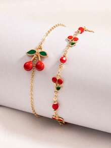 2pcs/Set Gelang Kaki Liontin Ceri Mengkilap Lucu Musim Panas, Gelang Kaki Modis Manis, Cocok untuk Pemakaian Sehari-hari, Pantai, Kencan, Pesta, Buatan Tangan, Susunan Rantai Acak - Merah - View 3