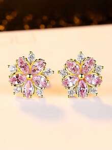 S925 Sterling Silver Sakura Flower Earrings & Necklace Set, Cubic Zirconia Inlaid Delicate Jewelry Gift Box - Multicolor - View 5