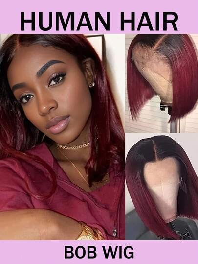 Ombre 99J Burgundy Straight Lace Front Bob Wig 200% Density Human Hair 13x4 Transparent Lace Frontal Wigs Short Straight Bob Wigs For Women Natural Hairline #1B/99J