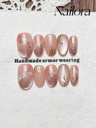 10片手工椭圆形亚克力美甲贴片，适合短指甲，简约粉色美甲，闪亮猫眼，闪粉手绘不规则线条，珍珠镶嵌，简约优雅奢华春季美甲，夏季美甲贴片，多功能美甲DIY假指甲，适合派对、日常、约会、工作场合，可重复使用，送给女性和女孩的礼物，美甲用品