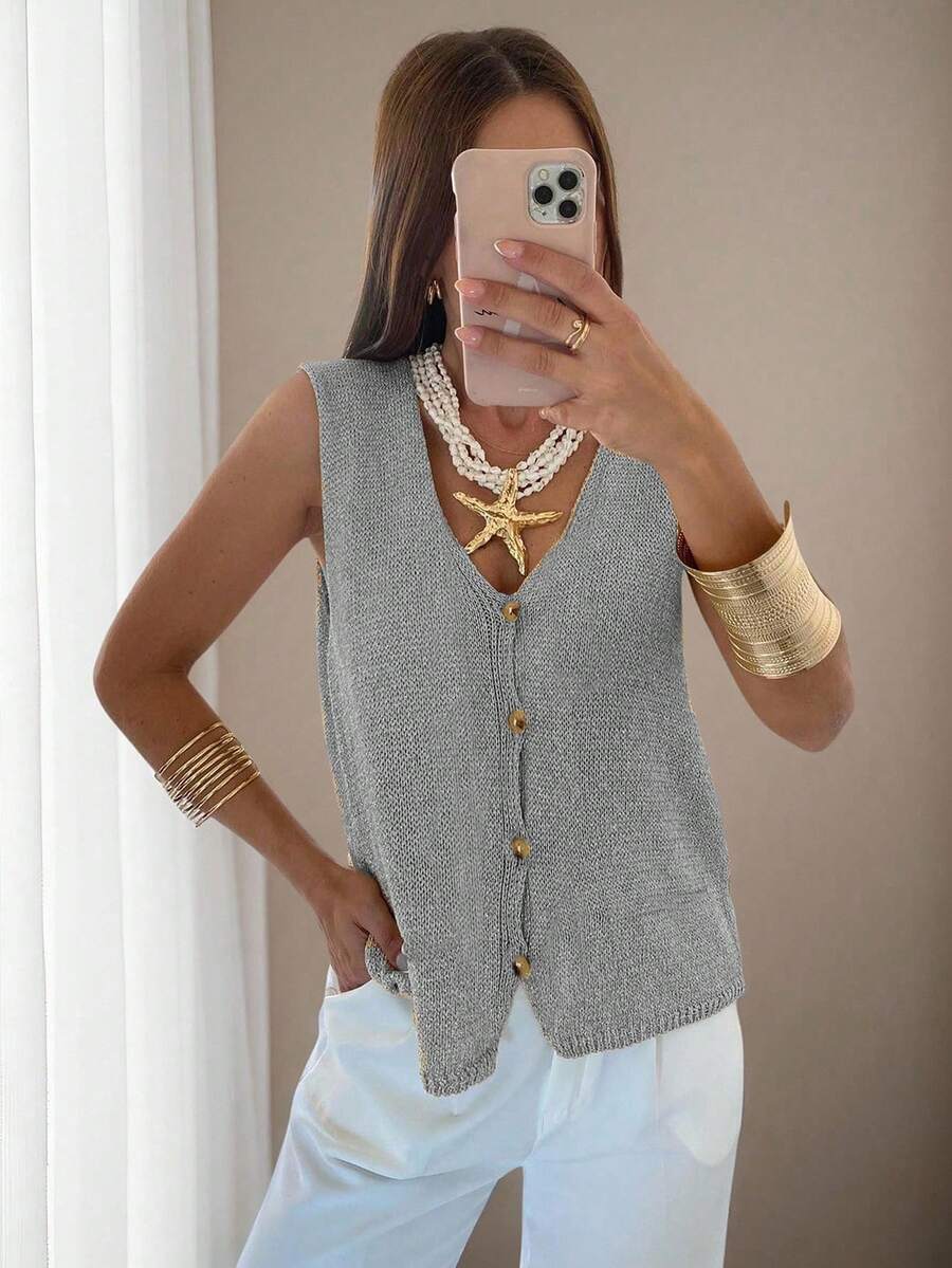 Mejors 女士可爱休闲亮面纽扣针织毛衣背心套头衫，时尚夏秋装，灰色和银色 - 淺灰色 - 查看 1