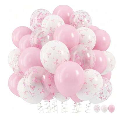 30pcs 12-Inch Light Pink & Transparent White Bow Print Balloons, Suitable For Girls Birthday Party, Bachelorette Party, Bow Theme Birthday, Baby Shower, Bridal Shower, Wedding, Anniversary Decoration