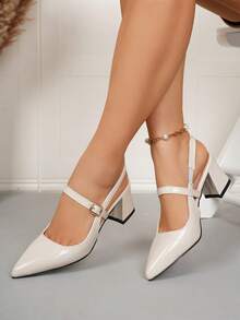 女士方头粗跟凉鞋，皮革鞋面套脚休闲高跟鞋 - 米色 - 查看 3