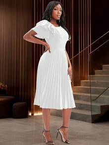 Elegant White Pleated Mid-Length Dress, Ruffle Sleeve, Asymmetrical Neckline, Suitable For Spring/Summer Wedding Guest, Cocktail Party, Formal Occasions - White - View 5
