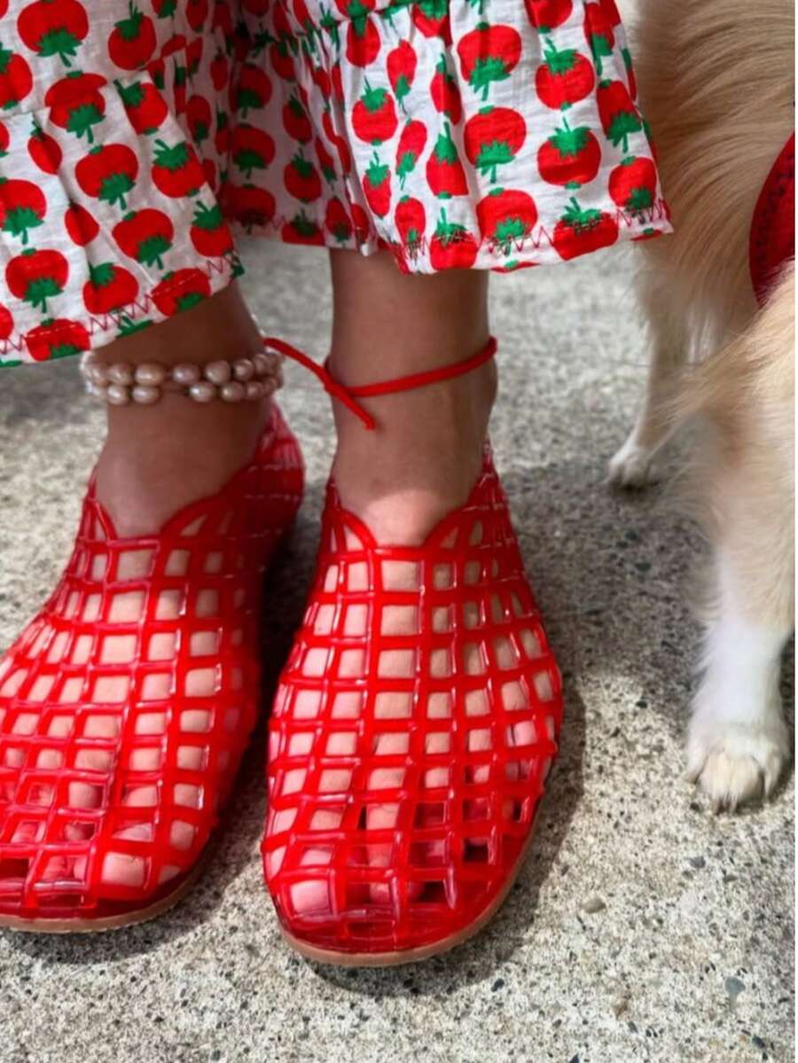 Ballet Flats For Women Clear Hollow Ballerina Shoes Summer Beach Slip-On Round Toe Shoes - Đỏ - Xem 1