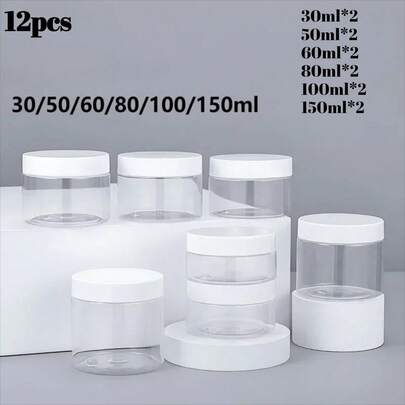 12pcs/Set 30/50/60/80/100/150ml Plastic Empty Jars With White Lids, Cream Containers, Food, Travel Bottles, Household Items