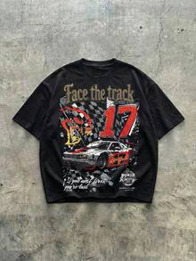 Áo thun nam dáng rộng phong cách đường phố FRACTYR "Face The Track" in hình xe đua, màu đen, kiểu hiphop, tay ngắn. - màu đen - Xem 4