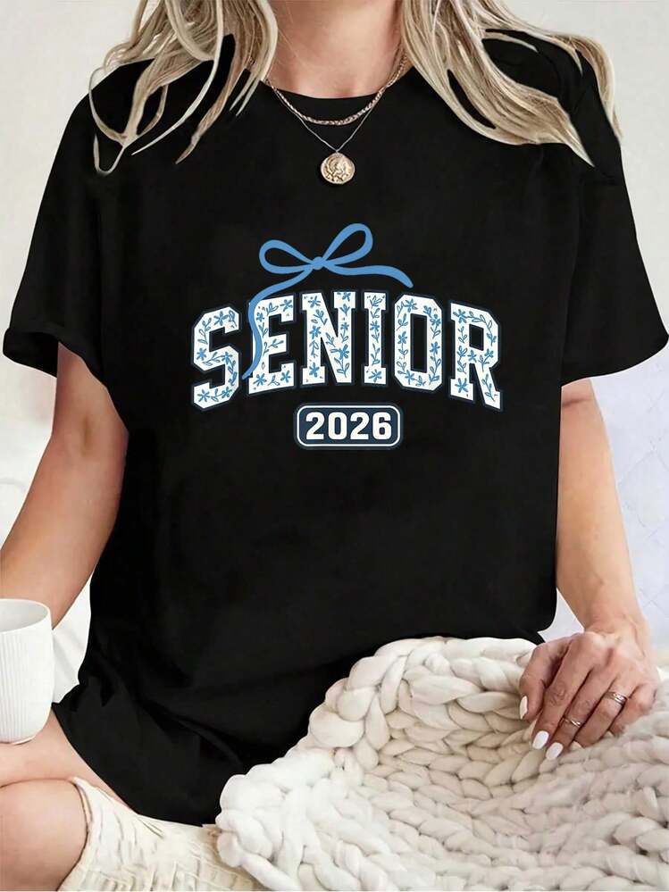 Camiseta Unisex 100% Algodón con Estampado Floral para Graduación 2026, Camiseta Casual de Manga Corta con Cuello Redondo y Estampado Gráfico 100% Algodón - Negro - Añade 6