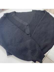 Women's Short Knit Jacket With Buttons, Elegant Winter Fashion Cardigan, Puff Sleeves, New Arrival, Long - Negro - Ver 1
