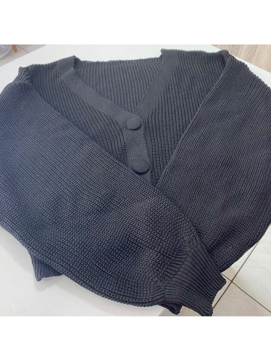 Women's Short Knit Jacket With Buttons, Elegant Winter Fashion Cardigan, Puff Sleeves, New Arrival, Long - Negro - Ver 1