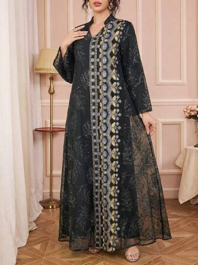 Solessence 女式斋月阿拉伯 V 领亮片刺绣拼布长袖秋冬连衣裙，适合正式场合和休闲长袍