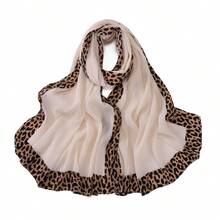 1pc Boho Style Women's Solid Color Hijab, With Leopard Print Border And Pleated Details, Suitable For All Seasons, Versatile, Can Be Used As A Scarf, Headwrap, Cape, Shawl, For Daily Wear Or Special Occasions, Can Also Be Used As A Clothing Accessory, Windproof And Sunscreen.,Beach,Holiday - Multicolor - View 15