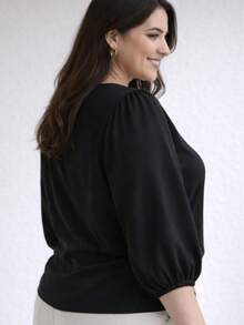 Women's 3/4 Sleeve Blouse In Duna Crepe, Elegant, Workwear, Plus Size (GG, G1, G2, G3), Evangelical Fashion - Black - màu đen - Xem 3