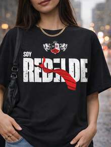 Basic Casual T-Shirt With  Band Print "Soy Rebelde Gravata" (I'm A Rebel Tie), Streetwear Hip-Hop Style Shirt,  Fan Series For The Rebeldes Band, 100% Cotton Material. - màu đen - Xem 1