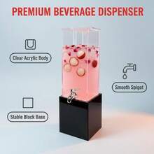 1个大容量立式饮料机 | 可视水位 + 防漏水龙头 + 出水顺畅 + 易于清洁 | 亚克力材质 | 方形简约饮料机 | 适用于家庭、餐厅、派对、露台、商业酒吧等场所 | 可盛装果汁、苏打水、冷萃咖啡、柠檬水等。实用时尚，提升聚会和日常饮用体验。 - 查看 5