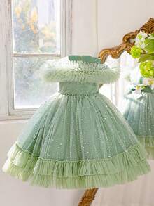 Váy nơ trễ vai lưới xếp nếp thanh lịch dành cho bé gái, thích hợp cho các buổi khiêu vũ ở trường, tiệc sinh nhật - màu xanh lá - Xem 2