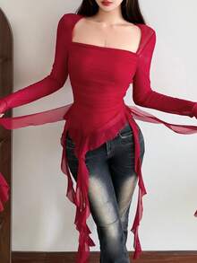Blusa versátil de manga larga con cuello cuadrado, ajustada, con parches de flecos y unicolor - Burdeos - Ver 4