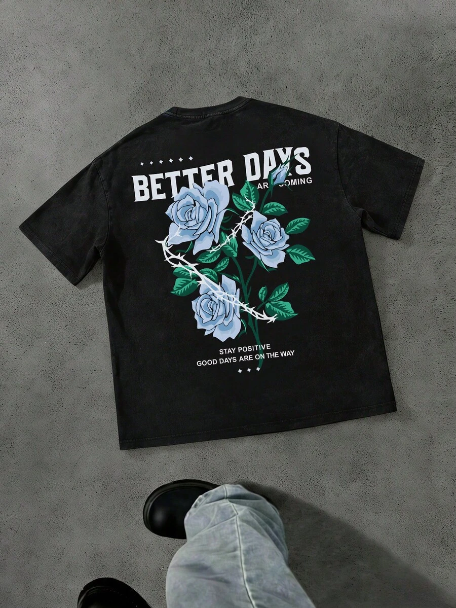 Áo thun nam FRACTYR in họa tiết hoa hồng và gai cổ điển, phong cách đường phố Y2K thường ngày cho mùa hè. - màu đen - Xem 1