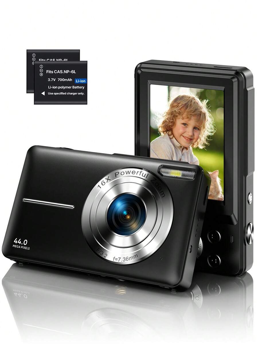 Nicamery 4400万像素全高清1080P数码相机，16倍光学变焦，双电池供电，带挂绳，是初学者的理想礼物 - 黑色 - 查看 1