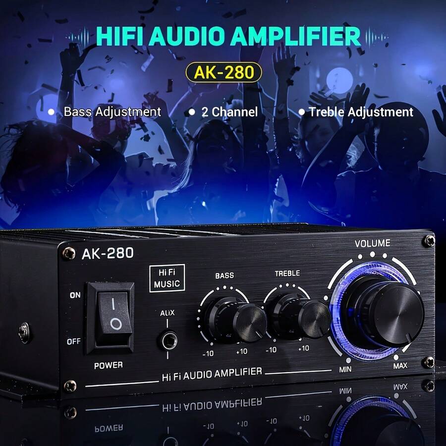 AK280 1 X 600W Dual-Channel Mini Power Amplifier, HiFi Stereo Compact Audio Power Amplifier, 2.0-Channel, Class AB, RCA/AUX Input, Bass And Treble Control, Suitable For Audio Amplifier Of Home, Computer And Car Music Player, Without Power Adapter And Power Cord (Excluding Power Adapter And Power Cord). - AK280 - 查看 1