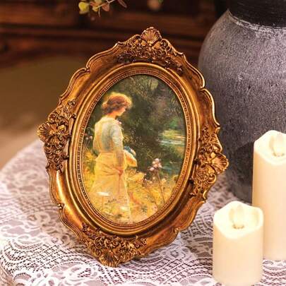 1pc Vintage Carved Photo Frame, European Style, Luxury Feel, Oval Mirror, Wall-Mountable, Oil Painting Style Frame, Suitable For Home Decor | Mother's Day Gift, Graduation Gift