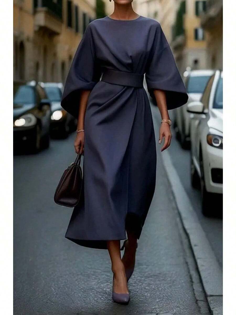 2026 Women S European American Fashion Elegant Solid Color Waist Cinching Bat Sleeve Long Dress Casual Party Work Office Dresses - 藏青色 - 查看 1