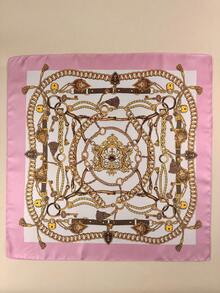1pc Women's Square Silk Scarf With Chain Pattern, Elegant Neckerchief Headscarf Hair Accessory - Pink - View 4