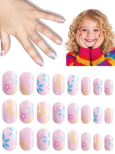 NAIO 24 piezas de uñas postizas de primavera y verano para niños, 1 paquete de uñas falsas de diseño floral pequeño de colores de dopamina pre-pegadas y cortas para niñas, excelente para regalos de cumpleaños, fiestas y decoración de maquillaje para niños pequeños