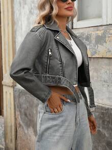 Women's Faux Leather Cropped Jacket Lapel Zipper Biker Short Bomber Moto Coat With Belt - Faded Gray - View 6