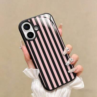 1pc Sweet & Cool Girl Style Glossy Pink & Black Striped Phone Case, Suitable For IPhone XR/11/12/13/14/15Pro Max/16Plus/17Pro Max, Fashionable Protective Cover, Ideal For Fashion & Music Lovers, Perfect Birthday/Valentine's Day Gift For Him/Her