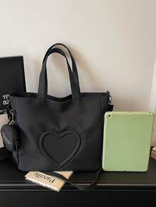 Nueva bolsa de lona de moda casual con patrón de corazón y múltiples bolsillos para mujer con monedero - Negro - Ver 9