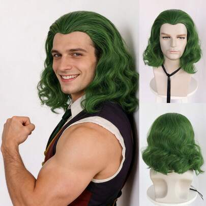 男女通用绿色波浪短款cosplay假发，灵感源自小丑造型，成人款绿色卷曲波波头假发，复古风格齐肩波浪卷发，耐热合成材质，适用于节日、戏剧、派对、舞台表演、哥特萝莉风、另类时尚或摄影。