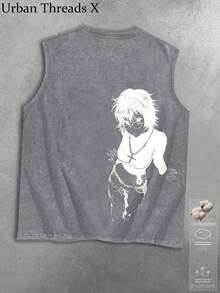 Cotton Washed Crew Neck Tank Top, Anime Character Art Print, Vintage Washed Craft, Daily Casual Outfit - 深灰色 - 查看 2