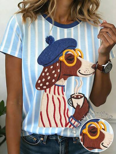 Hình ảnh chó Dachshund, trang phục mùa hè cho nữ, trang phục đi biển cho nữ, áo thun nữ cổ tròn tay ngắn đơn giản.
