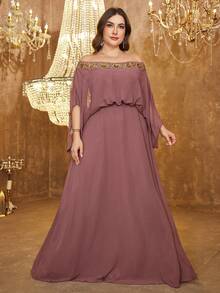 SUPGIR Robe à manches chauve-souris avec épaules dénudées avec patchwork de broderie de sequins de luxe, jupe fluide, robe de soirée formelle - Vieux Rose - Voir 4