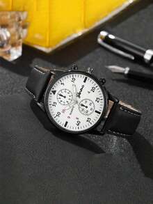 2pcs Set: Men's Fashion Minimalist Dial Quartz Watch & PU Leather Belt Accessories, Casual Style, Circular Multi-Functional Dial, Suitable For Daily Wear, The Best Festival Gift For Men - Multicolor - View 3