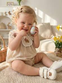 Baby Girls Rompers Easter Clothes Bunny Embroidered Crew Neck Sleeveless Infant Bodysuits Jumpsuits - Khaki - View 7