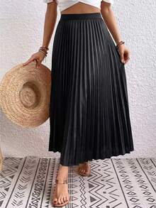 【3D褶皱弹力腰身设计】宽松飘逸的黑色雪纺半身裙，优雅百搭，适合春秋季工作、约会、正式场合及日常穿着。 - 黑色 - 查看 8